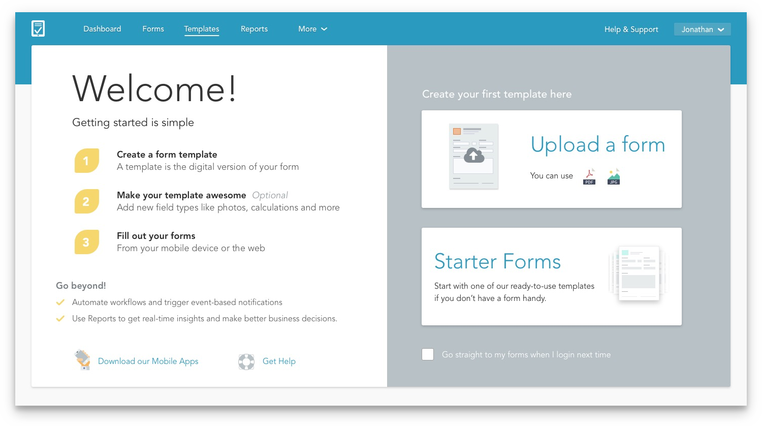 GoFormz new Welcome page inside the web app